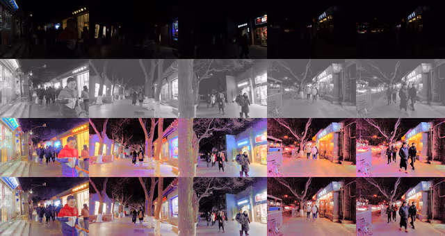 Illuminated images from the DARK FACE dataset, by row: (1) original images, (2) greyscale illumination (3) linear color restoration (4) hsl color restoration