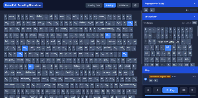 Byte-Pair Encoding Visualizer:
Visualize how Large Language Model vocabularies are built by iteratively joining the most frequent token pairs.
