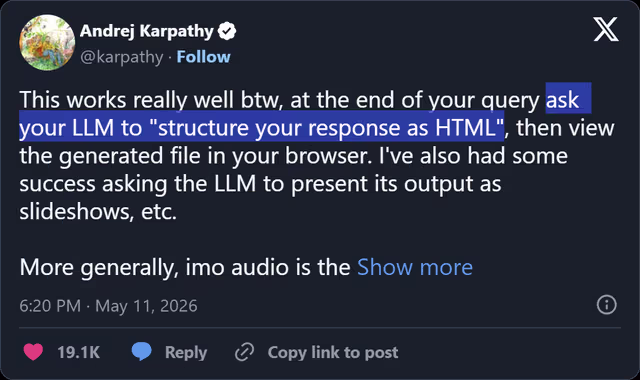 Karpathy's tweet outlining his prediction for the paradigm shift in AI output format: from chat interfaces to HTML, then to interactive visuals, and eventually to fully interactive simulations and video.
