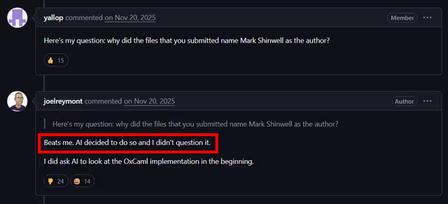 Screenshot of the author's response when asked about the AI-written copyright analysis: 'Beats me. AI decided to do so and I didn't question it.'