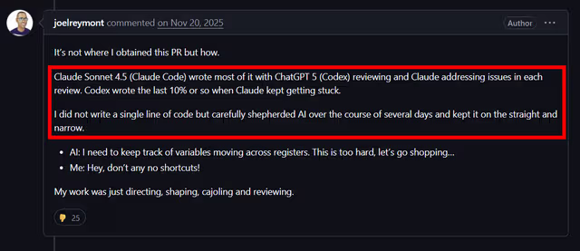 Screenshot of the OCaml pull request showing the AI-generated code submission.